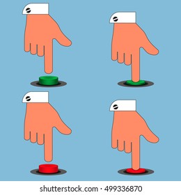 Icons, finger presses the button on green, red. Isolation on a blue background. Stylish vector illustration for web design.