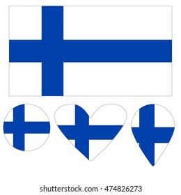 Icons Finnish flag heart, pointer, ball. vector illustrations