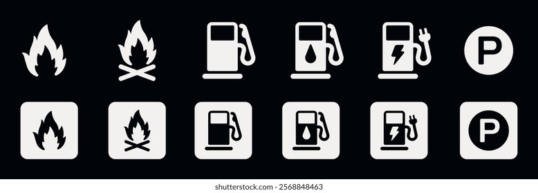 Icons of fire, fuel, and parking. Fire symbols, fuel pump, and parking signs. Black and white icons of fire, fuel, and parking. Simple fire, fuel, parking icons. User interface icon vector set.
