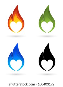 Icons of fire with heart silhouette