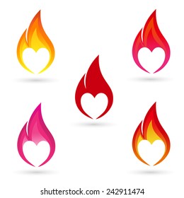 Icons of fire with heart silhouette