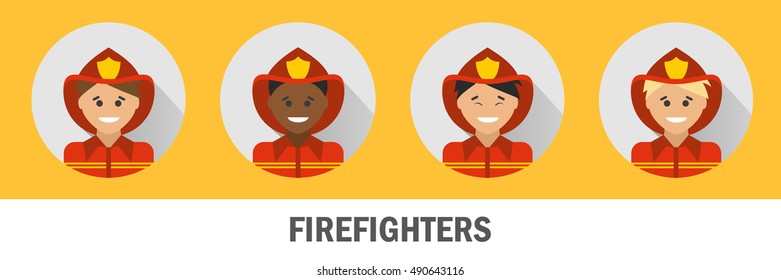 Icons firefighters of different nationalities. Fireman icon set.