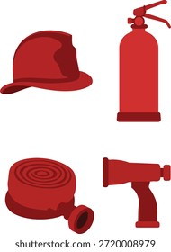 Iconos de equipo de extinción de incendios incluyendo casco, extintor, carrete de manguera y boquilla.