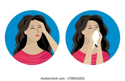 Icons of the first symptoms of the disease: headache, fever, runny nose, cough. Vector illustration.