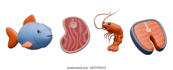 Icons for fish and meat menu, shop. 3D fish, meat steak, shrimp, salmon steak