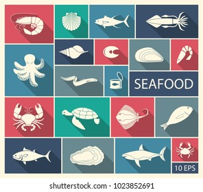 Icons of fish and seafood. Flat vector illustration