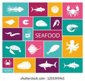 Icons of fish and seafood. Flat vector illustration