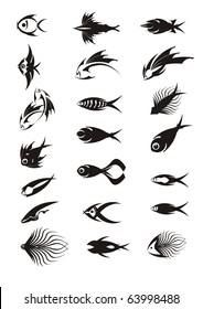 Icons of fishes. Vector illustration with the stylized fishes. Black on the white.