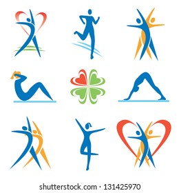 Icons with fitness and healthy lifestyle symbols. Vector illustration.