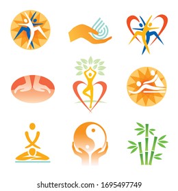 Icons fitness spa massage.
Set of colorful symbols with sport, relax  and healt care activities. Vector available.