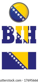 Icons of the flag of Bosnia and Herzegovina on a white background. Vector image: flag, button, and abbreviation. You can use it to create a website, print brochures, booklets, flyers, travel guides.