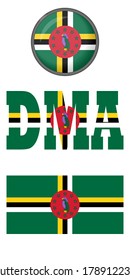 Icons of the flag of Dominica on a white background. Vector image: button, flag of Dominica and abbreviation. You can use it to create a website, print brochures, booklets, flyers, and travel guides.