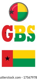 Icons of the flag of Guinea-Bissau on a white background. Vector image: flag of Guinea-Bissau, button and abbreviation. You can use it to create a website, print brochures, booklets,  travel guides.