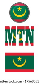 Icons of the flag of Mauritania on a white background. Vector image: flag of Mauritania, the button and the abbreviation. You can use it to create a website, print brochures, booklets, flyers.