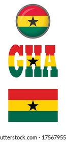 Icons of the flag of Republic Ghana on a white background. Vector image: flag of Republic Ghana, the button and the abbreviation. You can use it to create a website, print brochures, booklets, flyers.