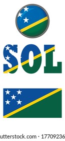 Icons of the flag of the Solomon Islands on a white background. Vector image: flag, button, and abbreviation. You can use it to create a website, print brochures, booklets, leaflets, and travel guides