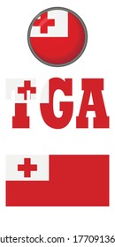 Icons of the flag of Tonga on a white background. Vector image: flag of Tonga, the button and the abbreviation. You can use it to create a website, print brochures, booklets, leaflets, travel guides.