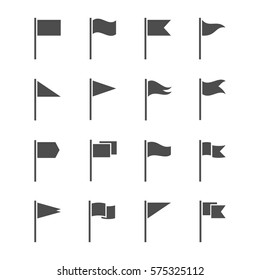 Icons of flags vector set isolated from the background. The start and finish markers or pointer to the map or location. Different, dark silhouettes waving flags.