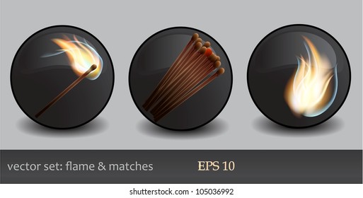 Icons of flame and matches. Vector illustration set EPS10