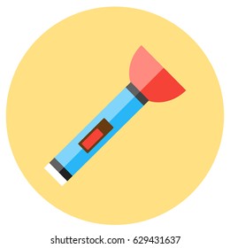 Icons for flashlight in a flat style. Vector image on a round colored background. Element of design, interface.