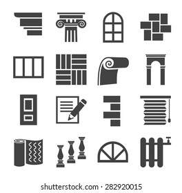 The icons are flat construction, finishing materials, repair. Flat monochrome icons with images of building and finishing materials. For websites and printing. 