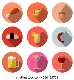 icons flat design chicken ham , pizza , noodles in a box , sushi , juice, krevedko , beer mug , drink, wine,