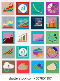 Icons with flat design elements of schedule, statistics, finance, banking services. Modern infographic vector logo collection.