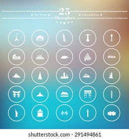 Icons flat is memorable places on white blur background
