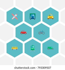 Icons flat style airplane, van, bus and other vector elements. Set of auto icons flat style symbols also includes passenger, vehicle, omnibus objects.