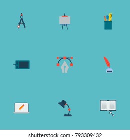 Icons flat style compasses, bezier curve, knowledge and other vector elements. Set of original icons flat style symbols also includes pen, pencil, stand objects.