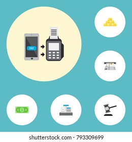 Icons flat style contactless transaction, dollar, gold bars and other vector elements. Set of finance icons flat style symbols also includes register, dollar, gold objects.