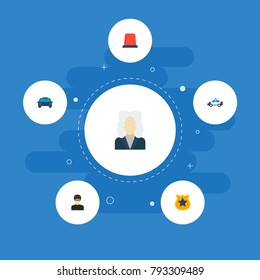 Icons flat style flasher siren, cop car, judge and other vector elements. Set of criminal icons flat style symbols also includes police, car, automobile objects.