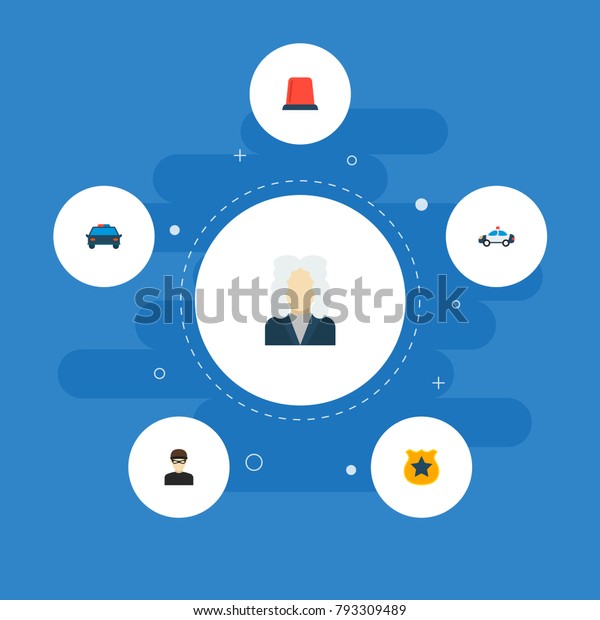 Icons flat style flasher siren, cop\
car, judge and other vector elements. Set of criminal icons flat\
style symbols also includes police, car, automobile\
objects.