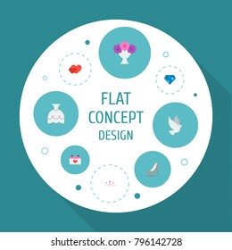 Icons flat style hearts, dove, bouquet and other vector elements. Set of wedding icons flat style symbols also includes bridal, marriage, diamond objects.