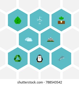 Icons flat style leaf, mountains, cloud and other vector elements. Set of nature icons flat style symbols also includes clouds, leaf, dolphin objects.