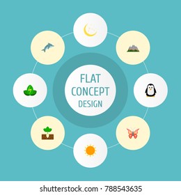 Icons flat style penguin, dolphin, green power and other vector elements. Set of nature icons flat style symbols also includes sun, polar, energy objects.