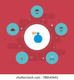 Icons flat style perfuming bottle, curling iron, scissors and other vector elements. Set of hairdresser icons flat style symbols also includes hairstyle, bottle, cutter objects.