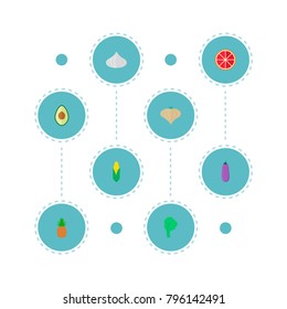 Icons flat style pineapple, grapefruit, salad and other vector elements. Set of fruit icons flat style symbols also includes fruit, greens, onion objects.