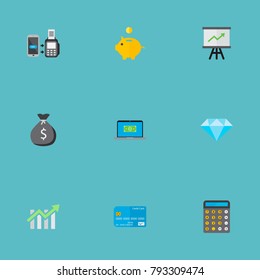 Icons flat style progress chart, credit card, calculator and other vector elements. Set of banking icons flat style symbols also includes money, chart, payment objects.