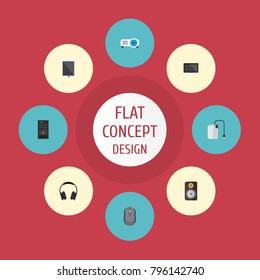 Icons flat style projector, tablet, control device and other vector elements. Set of laptop icons flat style symbols also includes projector, earphone, processor objects.
