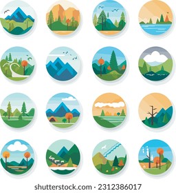 Icons in a flat style of various nature elements such as trees, mountains, rivers, clouds, and sun, on a white transparent background. Beauty of nature through visually appealing icons