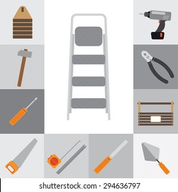 Icons flat.I t contains icons repairman working tools. Gray squares. Without a shadow.