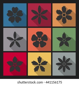 Icons flowers with long diagonal shadow second set, vector illustration.