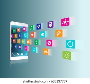 Icons fly into the smartphone, downloaded and installed vector illustration is ordered by layers