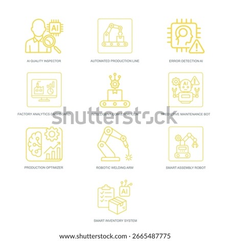 Icons focused on smart factories, automation, and predictive maintenance.