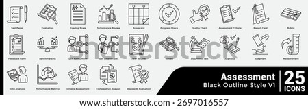 Icons focused on tests, evaluations, and performance tools, great for visuals related to grading, feedback, and educational assessment. Line style.