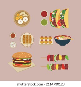 Icons of food from different cuisines of the world. Tacos, kebab, hamburger, sushi, soups, tomatoes, salad, meat, shawarma.