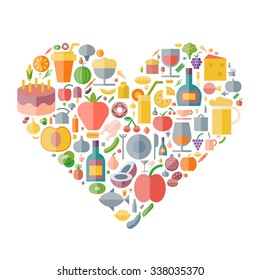 Icons for food and drink arranged in heart shape. Vector illustration.