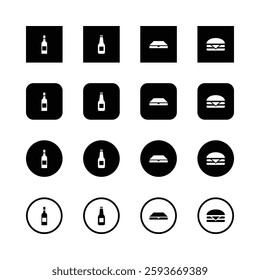 Icons, food and drink, minimalist design, black and white, square format, circular format, bottle icons, beer bottle, wine bottle, sandwich icon, hamburger icon, simple shapes, flat design.