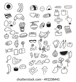 Icons food and fruit set cartoon drawing